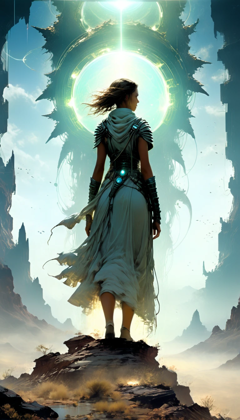 honest pure light woman standing on the edge of horizon looking at the viewer, sci fi art style of the masters, scavengers from the planet Mongo searching for the portal of existence,