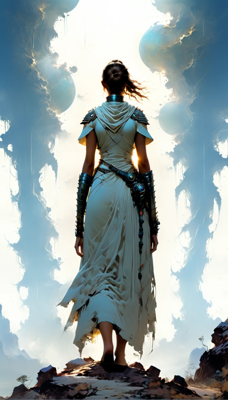 honest pure light woman standing on the edge of horizon looking at the viewer, sci fi art style of the masters, scavengers from the planet Mongo searching for the portal of existence,