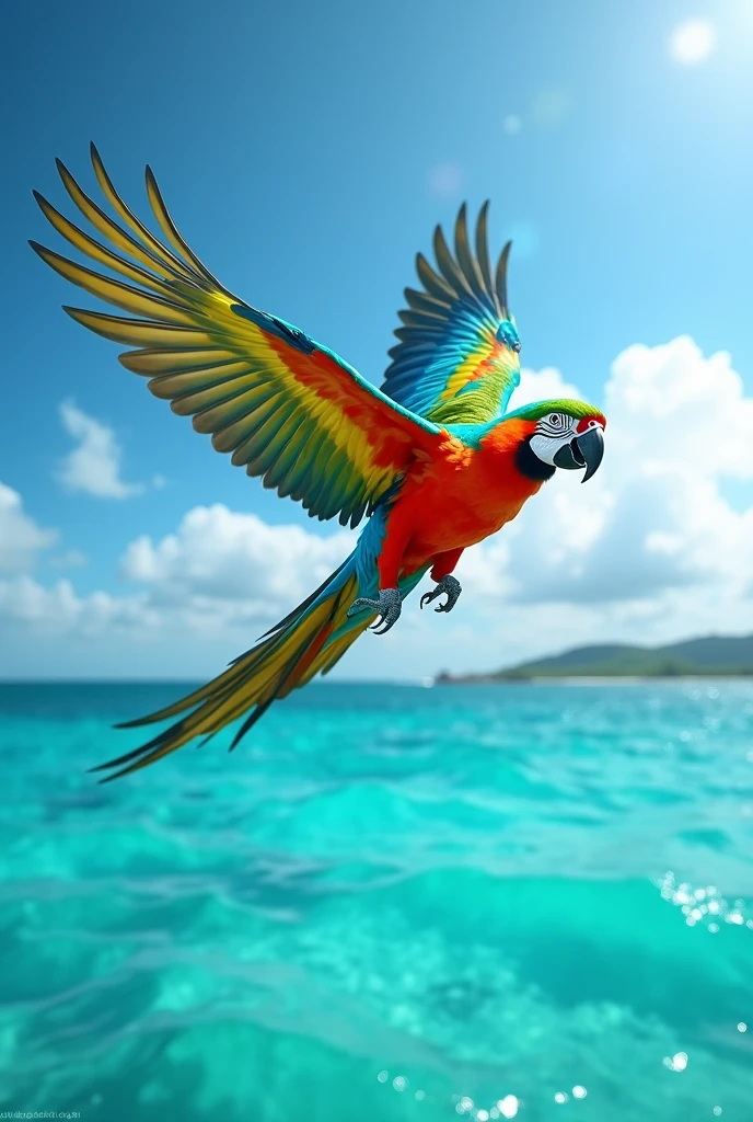 A parrot in mid-flight with its feathers spread wide, soaring over a turquoise ocean.