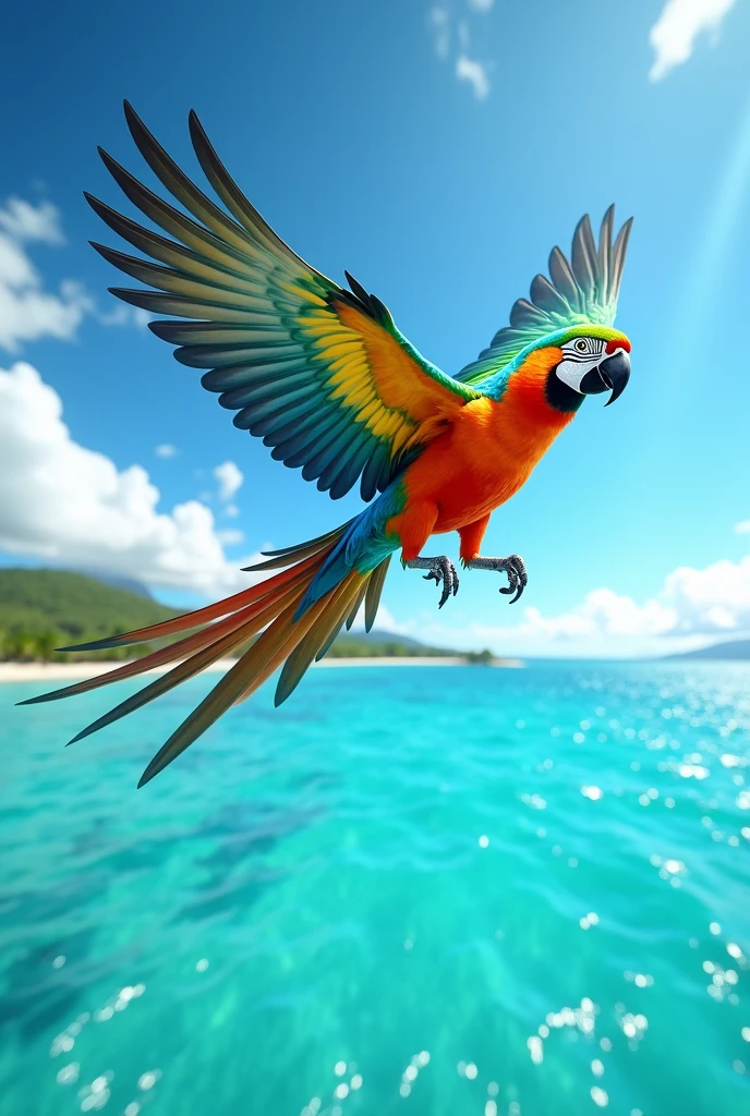 A parrot in mid-flight with its feathers spread wide, soaring over a turquoise ocean.