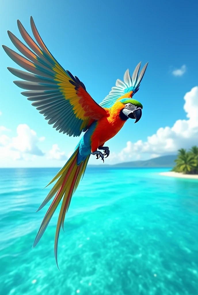 A parrot in mid-flight with its feathers spread wide, soaring over a turquoise ocean.