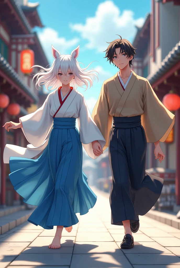 A girlish boy with medium-length white hair wearing a white kimono and blue hakama, a shrine maiden outfit.、Running through the streets of the Meiji era, holding the hand of a young man with brown hair parted in the middle, wearing a brown kimono and black hakama