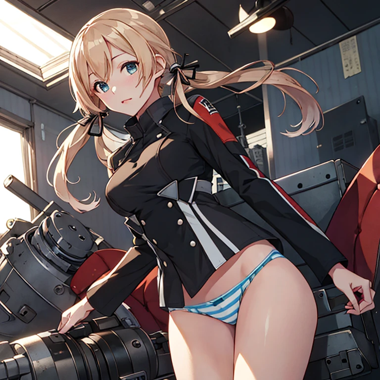 prinz_eugen_kantaicollection,
blonde_hair, long_hair, twintails, hair_ornament, anchor_hair_ornament,(low_twintails:1.4), breasts,aqua_eyes, blue_eyes,
,(masterpiece:1.4),(best quality:1.4), (amazing), (great illustration:1.4), (ultra-detailed:1.4), (art CG, 8K),1girl solo,full body,KonishiCSA,
(striped panties:1.4),