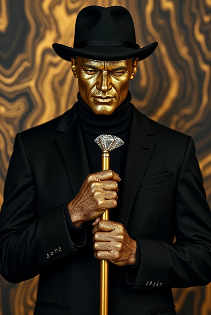 Create a man with a black and old hat, the solid gold face, in a black suit like James Bond, and with a golden cane with a diamond on the tip , the man must look like the silver surfer , the background of the image must have a marbled effect in shades of black and gold