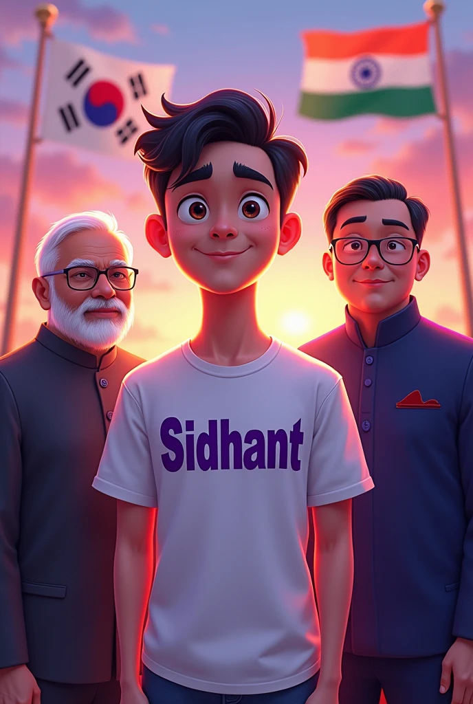 I want to be with Narendra Modi with Han Duck-soo
There should be a cute 19 age boy in the middle
sidhant should be written on his shirt font size text big and colour purple And you want Korea flag, Indian flag, adjust the background as per your choice, it should be a little purple and orange.