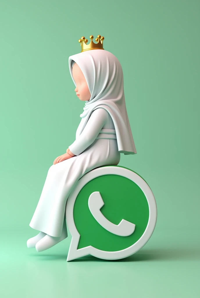 Create a 3D illustration of a character,sitting on the side above the social network icon &quot;Whatsapp&quot;. The character is a girl in a white hijab, no face from the back, there is a crown on her head,her dress falls to the floor, background in the background computer main page profile in whatsapp in the background whatsapp icon
