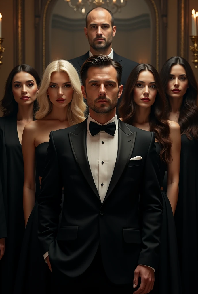 blonder woman,Homem forte de smoking , men in black and women in black, a 70 year old woman Family Style Turkish soap opera