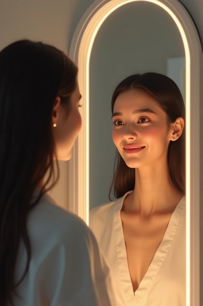 A picture of a woman smiling while looking in the mirror, with text "Improve Yourself" on.