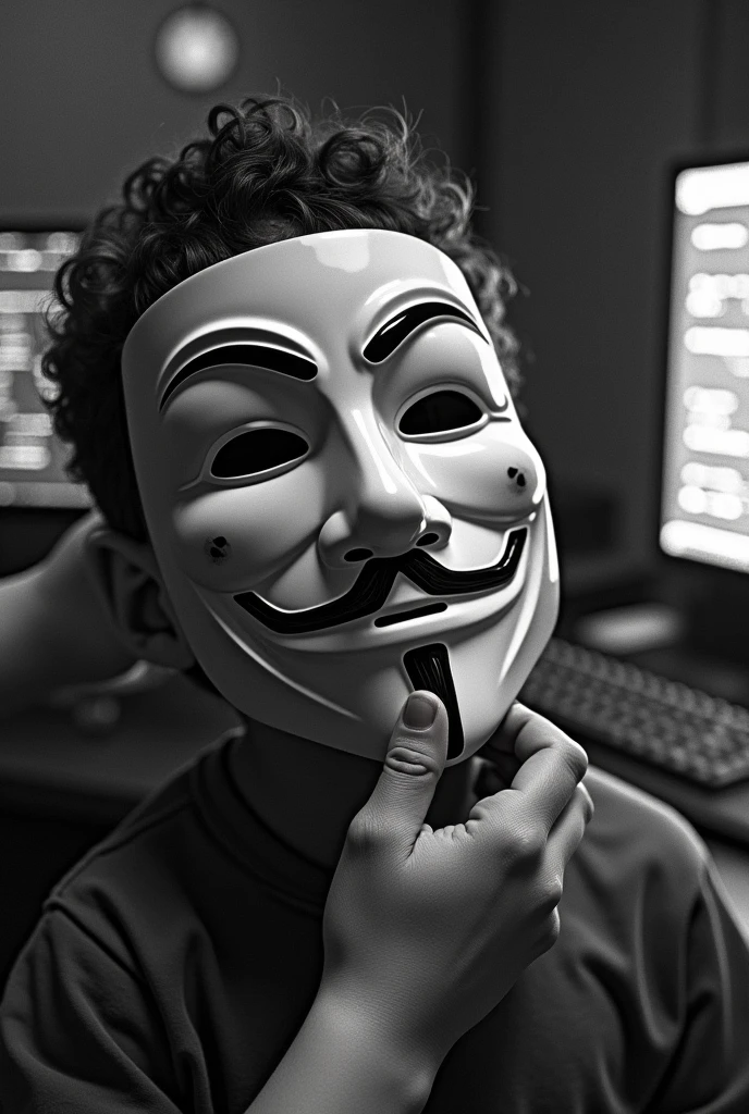 The mask from the movie V for Vendetta being removed from a child&#39;s face, in an environment such as containing a computer where hacker languages are found on the screen, all this in a black tattoo, white and grey, on the right shin of the leg