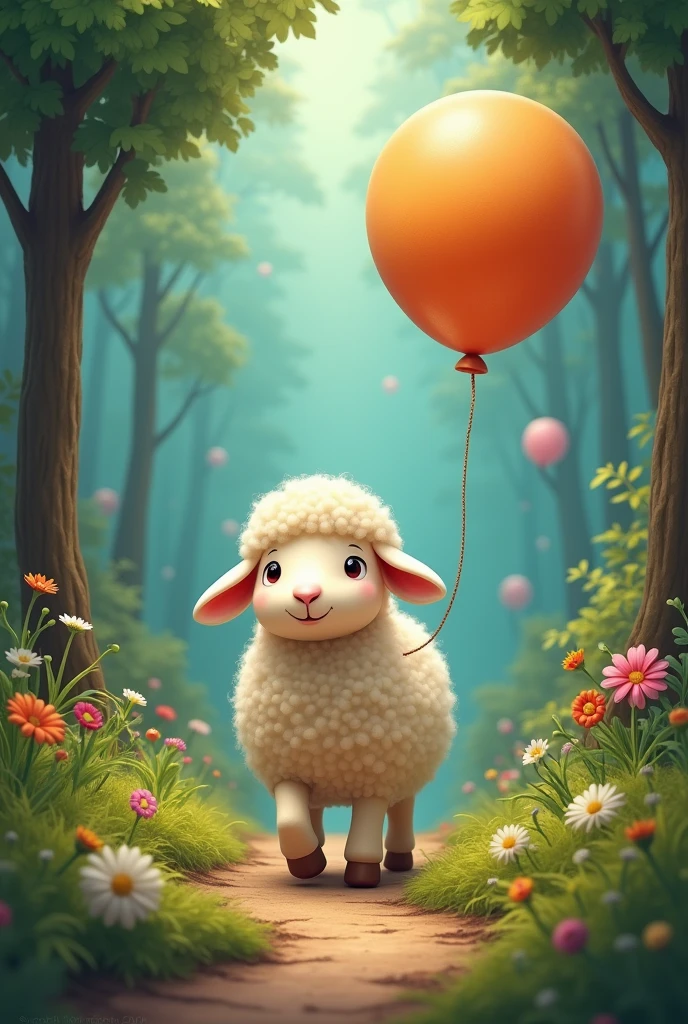 stuffed sheep walking with a balloon in a forest. in a childish and contrasting style