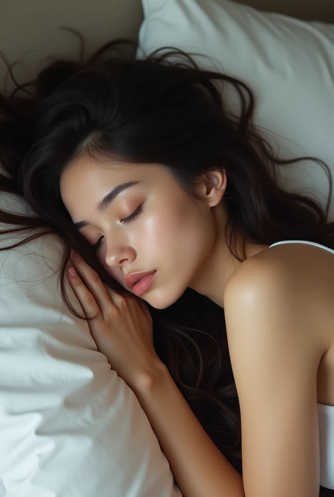 ((The Peeping Tom's Perspective)) A beautiful and young girl.Her facial features are exquisite and fully conform to the golden ratio of human anatomy..She is wearing thin white silk underwear.Lie sideways on the bed in a natural and relaxed posture.Her beautiful figure is looming.Her long, black hair was spread out on the pillow.She slept very relaxedly and sweetly.
