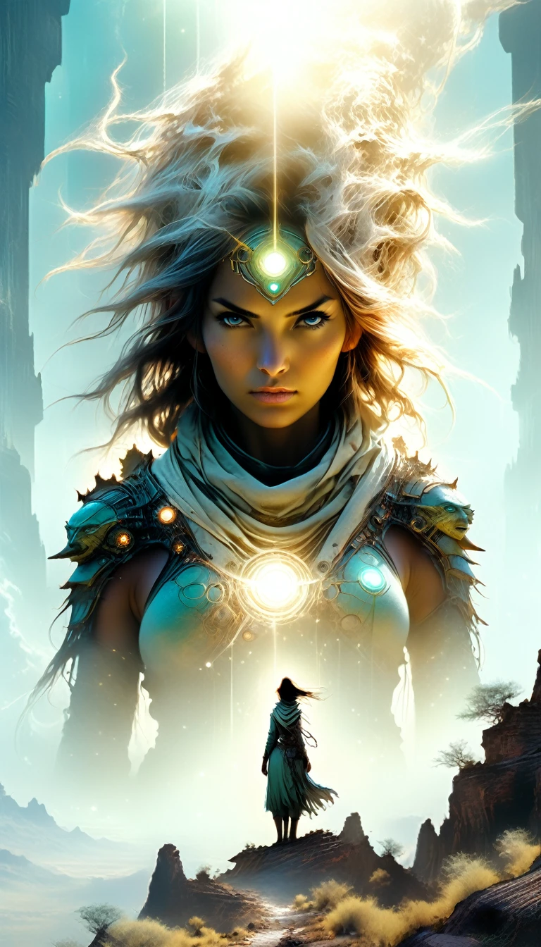 honest pure light woman standing on the edge of horizon looking at the viewer, sci fi art style of the masters, scavengers from the planet Mongo searching for the portal of existence,