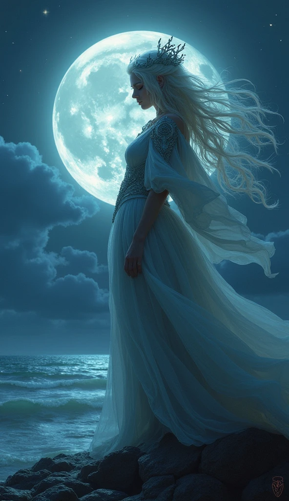 A white blonde goddess is coming from Ocean, she is standing above waters, she is full, Full Moon at sky