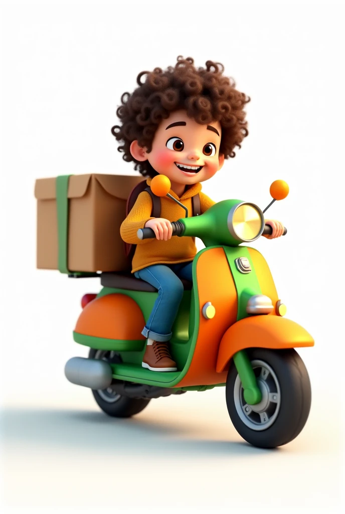 cute curly haired boy riding a green and orange courier motorbike with a large box on the back with a plain white background