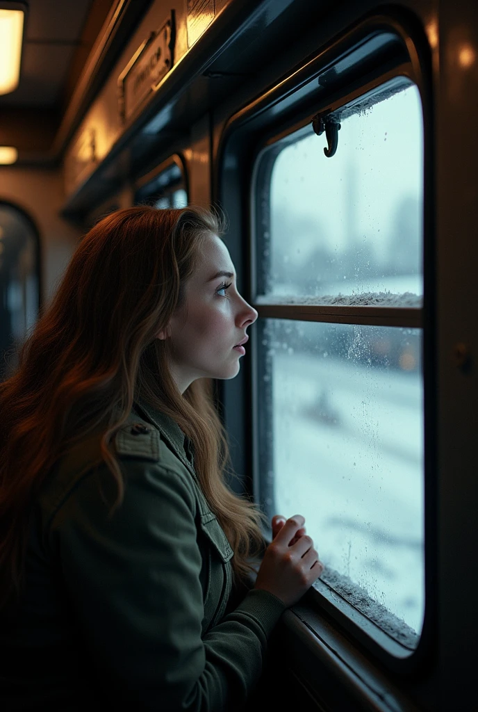 masterpiece, best quality,Soviet female soldiers，Steam locomotive interior，Lie on the window，Look out the car window，World War II，TRAIN STATION，About to travel，dimly lit scene，Dim Lights，Snow outside the window