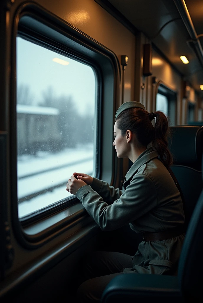 masterpiece, best quality,Soviet female soldiers，Steam locomotive interior，Lie on the window，Look out the car window，World War II，TRAIN STATION，About to travel，dimly lit scene，Dim Lights，Snow outside the window