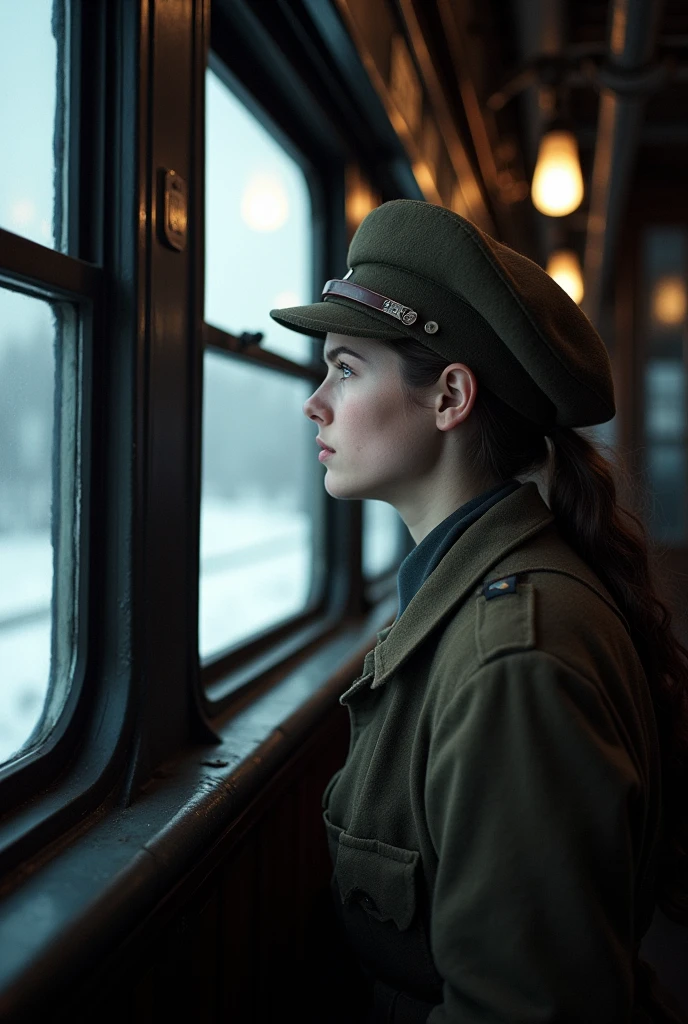 masterpiece, best quality,Soviet female soldiers，Steam locomotive interior，Lie on the window，Look out the car window，World War II，TRAIN STATION，About to travel，dimly lit scene，Dim Lights，Snow outside the window