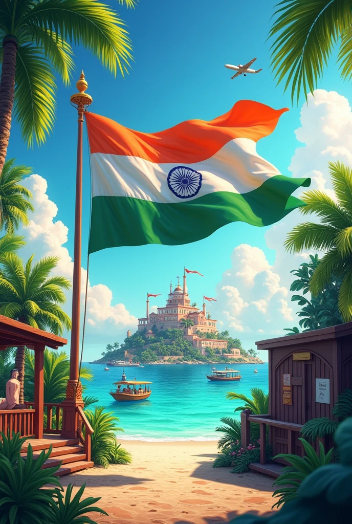 A tropical island with the name "Jay Bhavani Press" written on a large sign, an Indian flag waving in the foreground, and various boats and aircraft in the background against a colorful sky 
