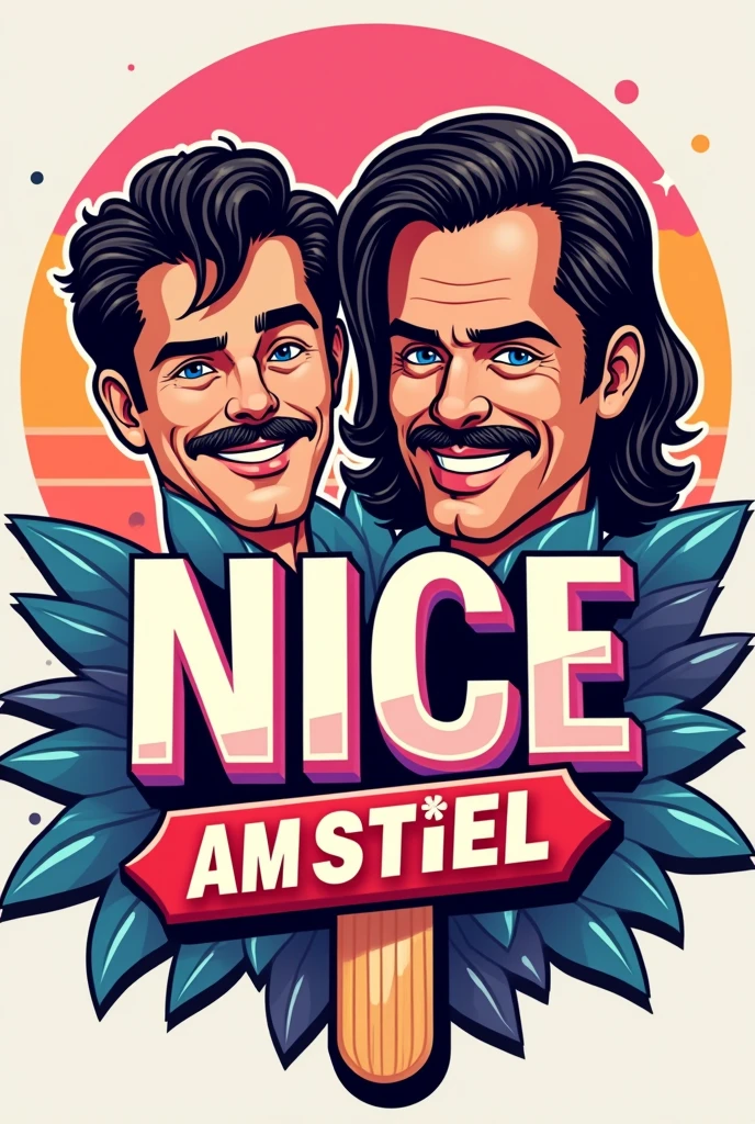 RANDY and COREY need a significant logo for a YouTube channel which contains topics like movies, action figures, cosplays, video games and pop culture. the name of channel is NICE AM STIEL which is a german pun for a popsicle which means EIS AM STIEL in german. please visualize a proper logo with the likeness of a popsicle and everything I mentioned in the description. Be sure that the logo looks like two 80's characters like the main protagonists from MIAMI VICE - made them out of popsicle, one Male has a mustache, a Mullet and a light skin tone and the other Male has slightly longer black hair and a brown skin tone but most importantly the Logo as to feature the name NICE AM STIEL put the Names "Randy Paradise & Corey Walkman" above that characters be sure that the characters ar two males and DO NOT miss out the popsicle theme. Also do not forget the names: RANDY PARADISE and COREY WALKMAN