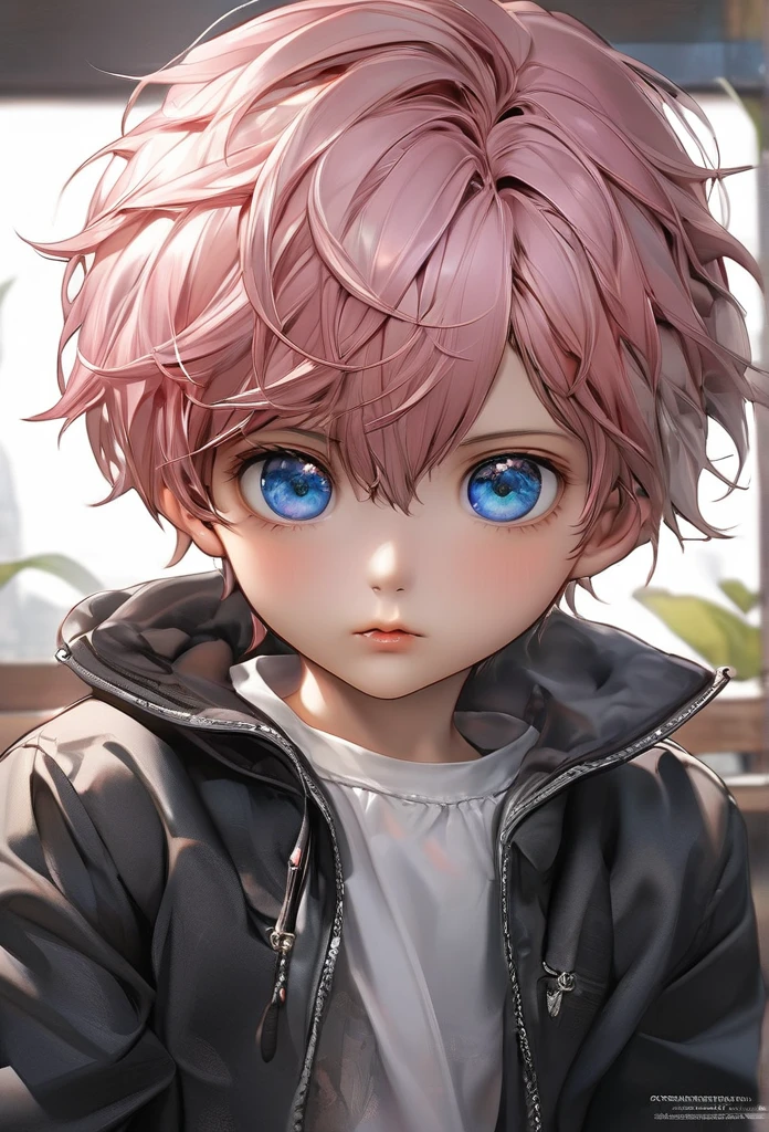 A kid, boy, handsome, pink hair, short hair, mullet, blue eyes, upturned eyes, expressionless, black jacket, anime, first-person view, masterpiece, anatomically correct, high details, highres, best quality, super detail
