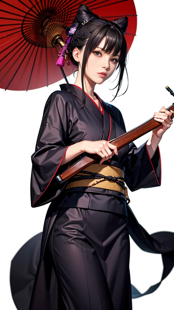 masterpiece,Highest quality,One beautiful woman, 長い銃でAim, alone, A single matchlock gun:1.2, (((matchlock))),arquebus,Have, Long Hair, Black Hair, Holding 武器, Holding, Holding 銃, Virtual YouTuber, View your viewers, aim, Aim,Cowboy Shot,((Black kimono)),samurai:1.2,((Pure white background)),Dynamic pose