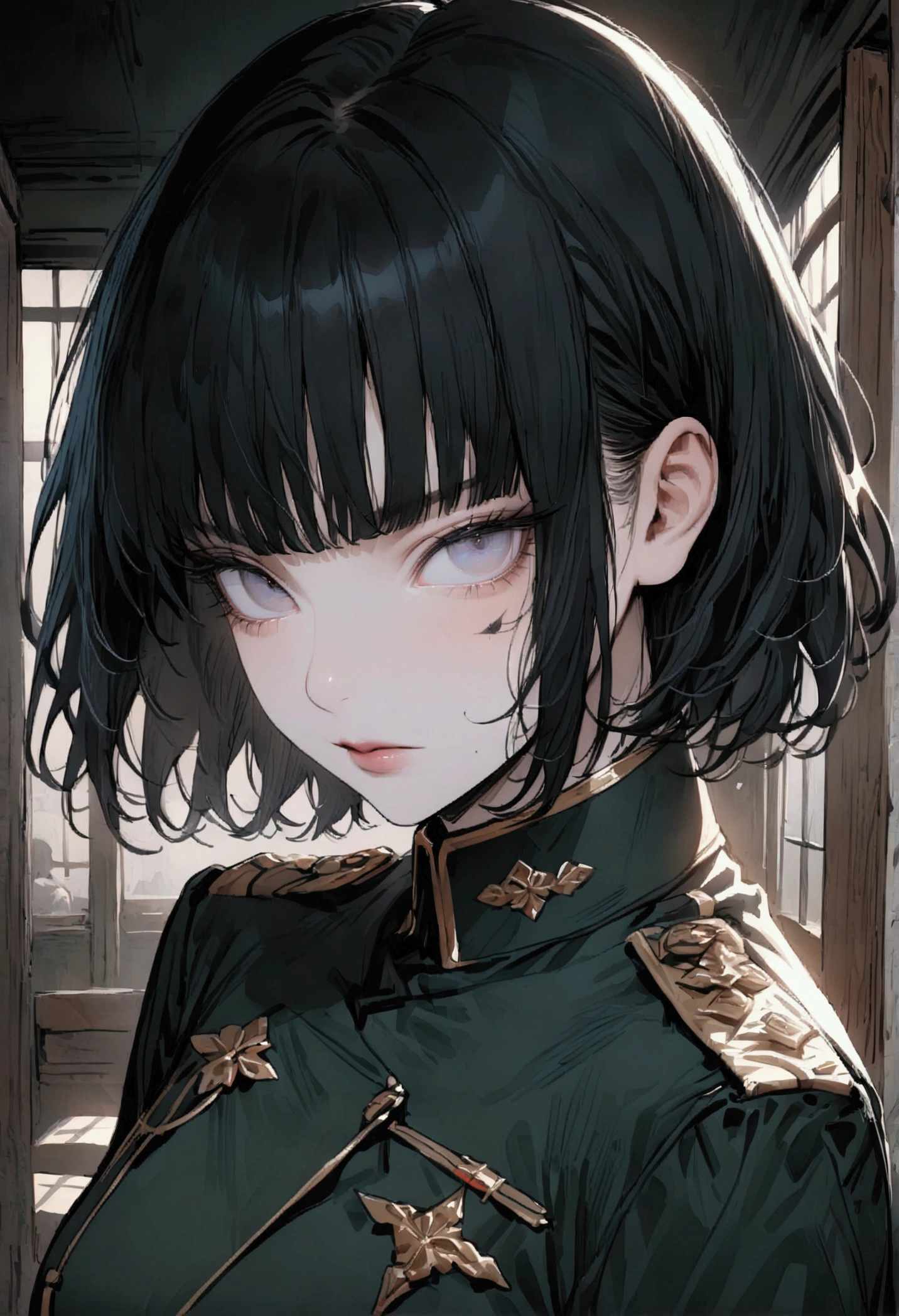 (highest resolution, distinct_image) Best quality, single person, one woman, solo, masterpiece, highly detailed, semi realistic, black short hair, black hair, bangs, 18 years old, mature, light blue military uniform, military uniform, indoor background, gentle, authoritative, powerful, exquisite facial features, exquisite facial features