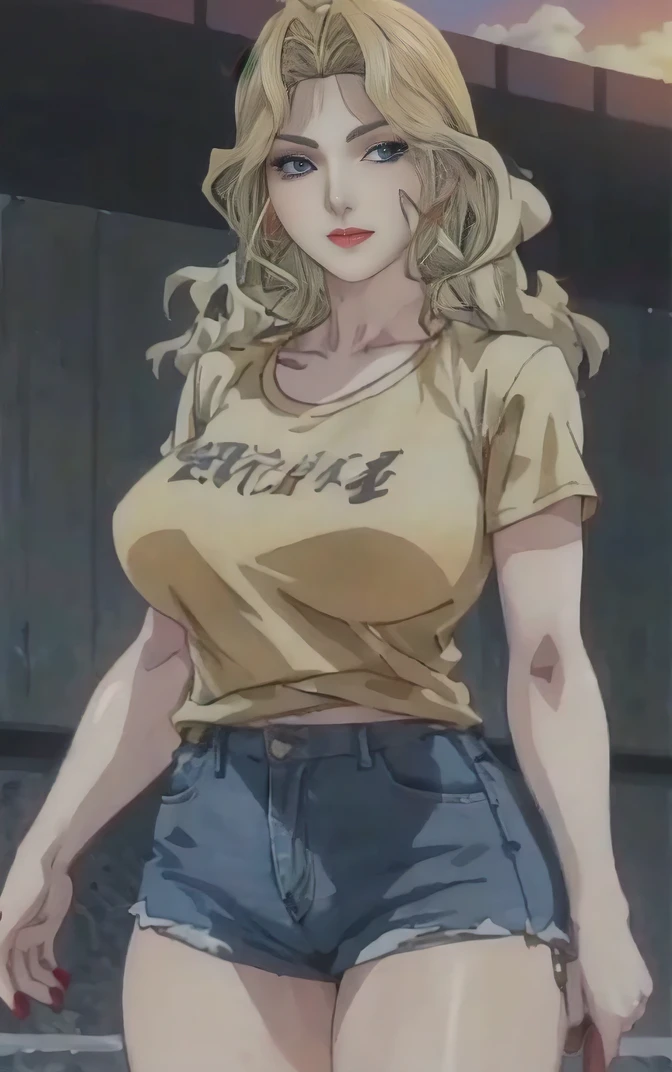 casual summer outfit _AliceNonoyama_ownwaifu,
1girl, blonde hair, long hair, blue eyes, lips, mature female, eyelashes, earrings, jewelry, red lips, nail polish, lipstick, makeup, large breasts, breasts,
 blue low rise jeans shorts, birght yellow t-shirt short sleeve
((masterpiece)),((best quality)),((anime screencap, game_cg)),  original, official_art, chromatic_aberration, bokeh, depth_of_field, skyline, scenery, cloudy_sky, sunset, outdoors, day, looking at viewer, solo, cowboy shot, detailed perfect beautiful face 