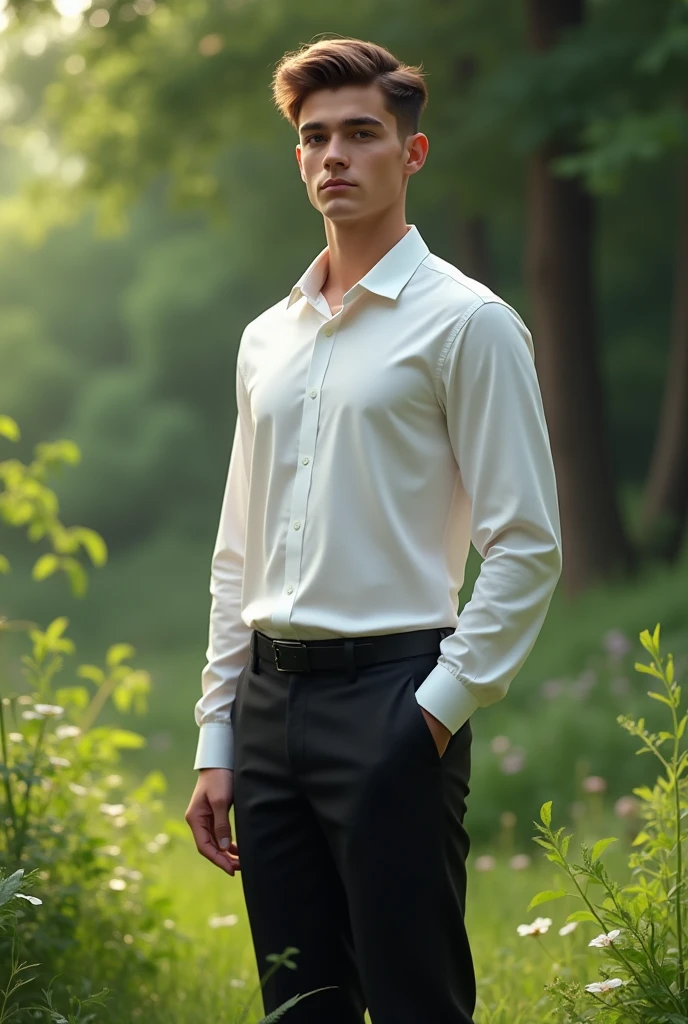 21 years old young boy wearing formal pant and shirt stand in natural background