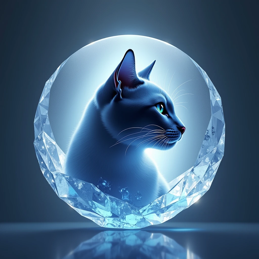 cool, Symbol Logo, Face Profile, 8k, cat, floating in a circle, Crystal emblem, 크리스탈 원안에 크리스탈 cat