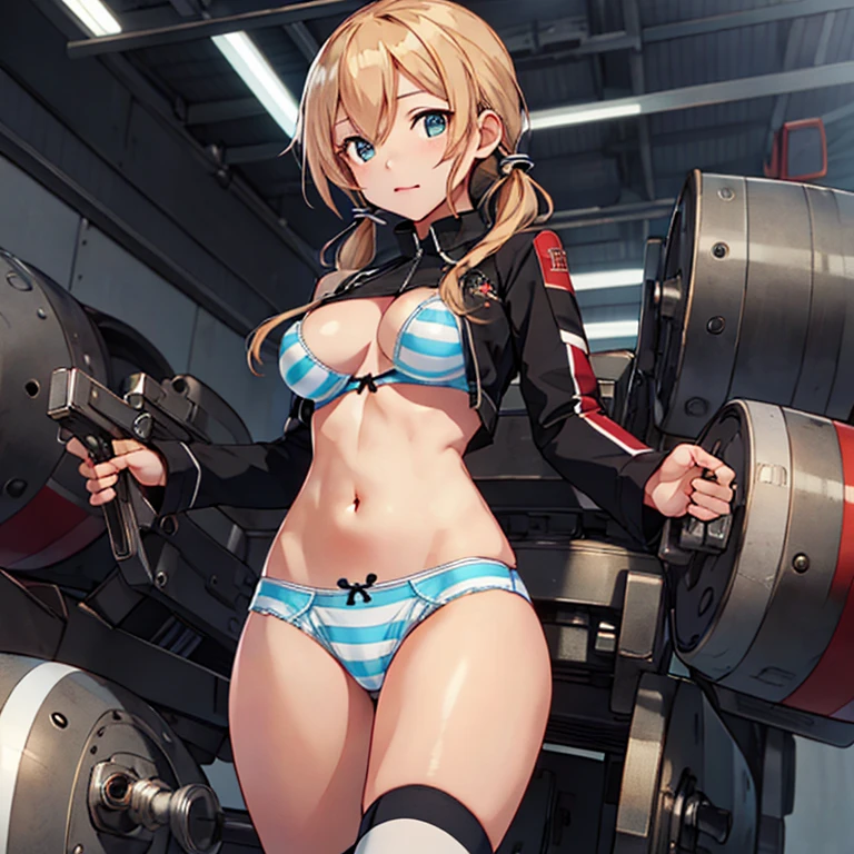 prinz_eugen_kantaicollection,
blonde_hair, long_hair, twintails, hair_ornament, anchor_hair_ornament,(low_twintails:1.4), breasts,aqua_eyes, blue_eyes,
,(masterpiece:1.4),(best quality:1.4), (amazing), (great illustration:1.4), (ultra-detailed:1.4), (art CG, 8K),1girl solo,full body,KonishiCSA, 
(striped panties:1.4),