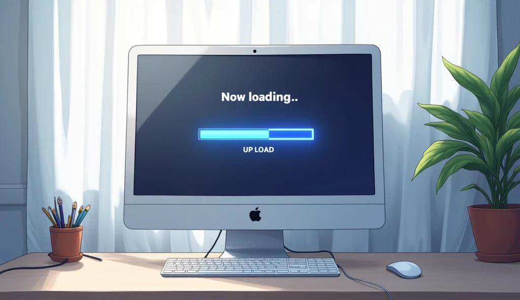 Wide Mac-style computer monitor,A closed white curtain behind the monitor,「Now loading...」Character,Loading bar,Loading screen,At the bottom right corner, click「UP LOAD」button, mouse pointer,Anime Style, *Photographed diagonally from the side of the monitor,High resolution,