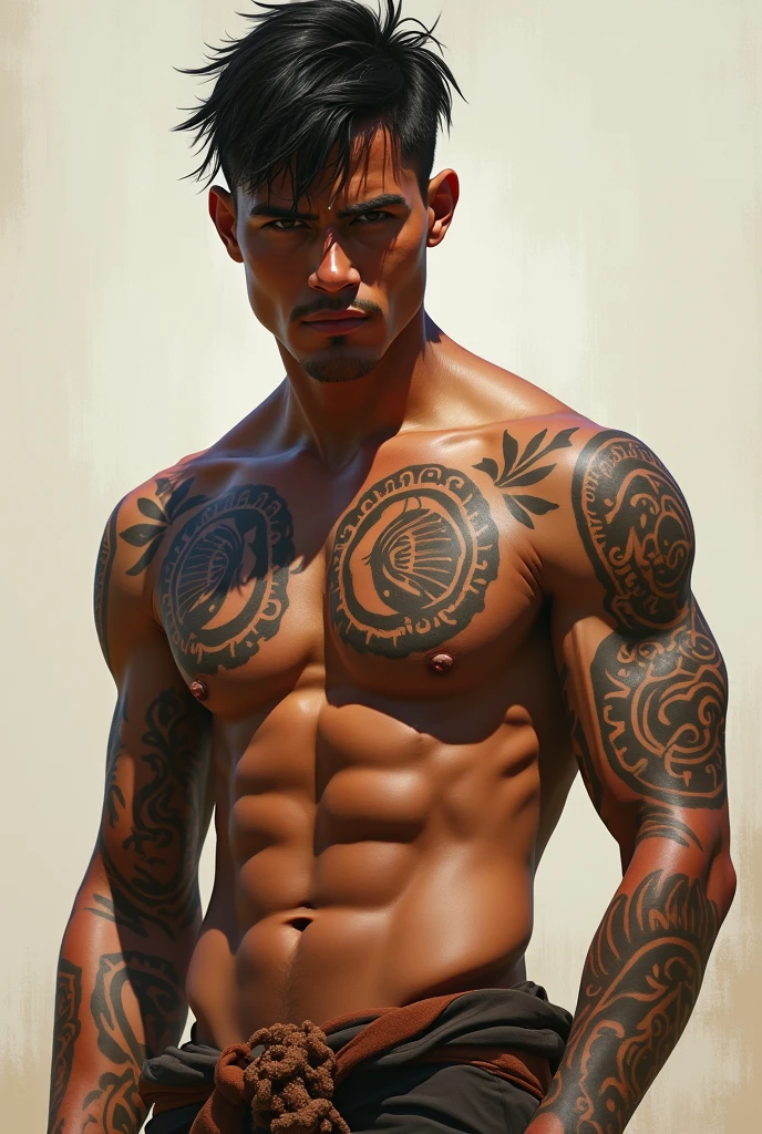 Character of an Indian youth .Very short hair, bare body and tattoos