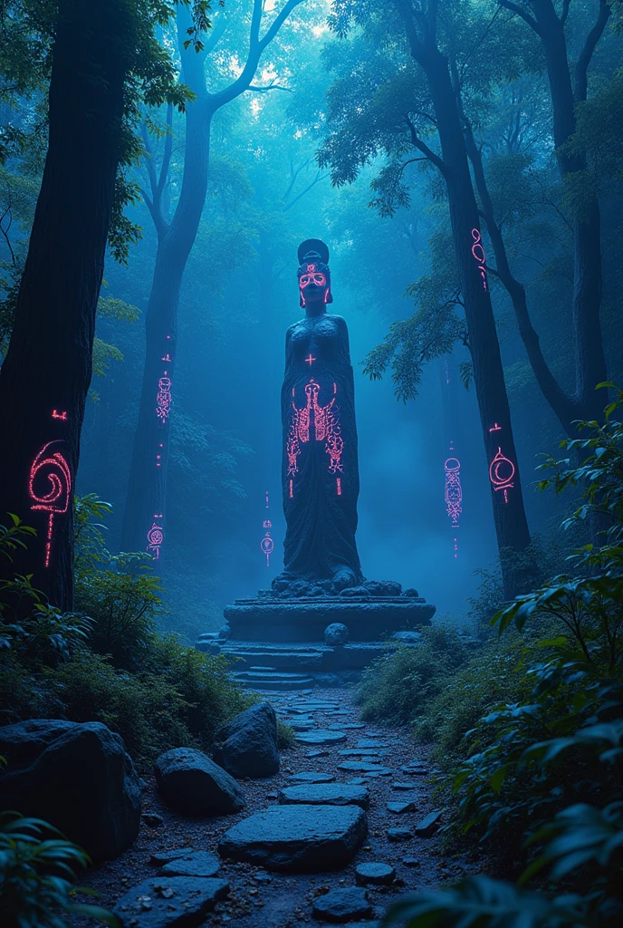 A high-resolution brightly lit photorealistic photograph of an ancient rain forest with criptic symbols of tribals and alienish paterns on the tree trunks glowing in uv colours  cinematic cyberpunk uv lightings in the background smog and misty fog in the atmosphere broken ruins of ancient goddess skulptor glowing in uv colours  The photograph is styled like a high-end lifestle magazine. The photograph has a light bright happy feel. Use a high-resolution 16k camera with a 2:3 aspect ratio, a raw style, and a quality setting of 2 to capture this vibrant scene
. 32k, full ultra hd, high resolution, photorealistic, natural lighting, ultra realistic photo, high quality, HDR, high resolution, smooth and delicate skin, noble and elegant, ultra-realistic photography vibe, shot with Canon camera, intricate details, 32k --ar 16:9 --s 750 --v 6.1

