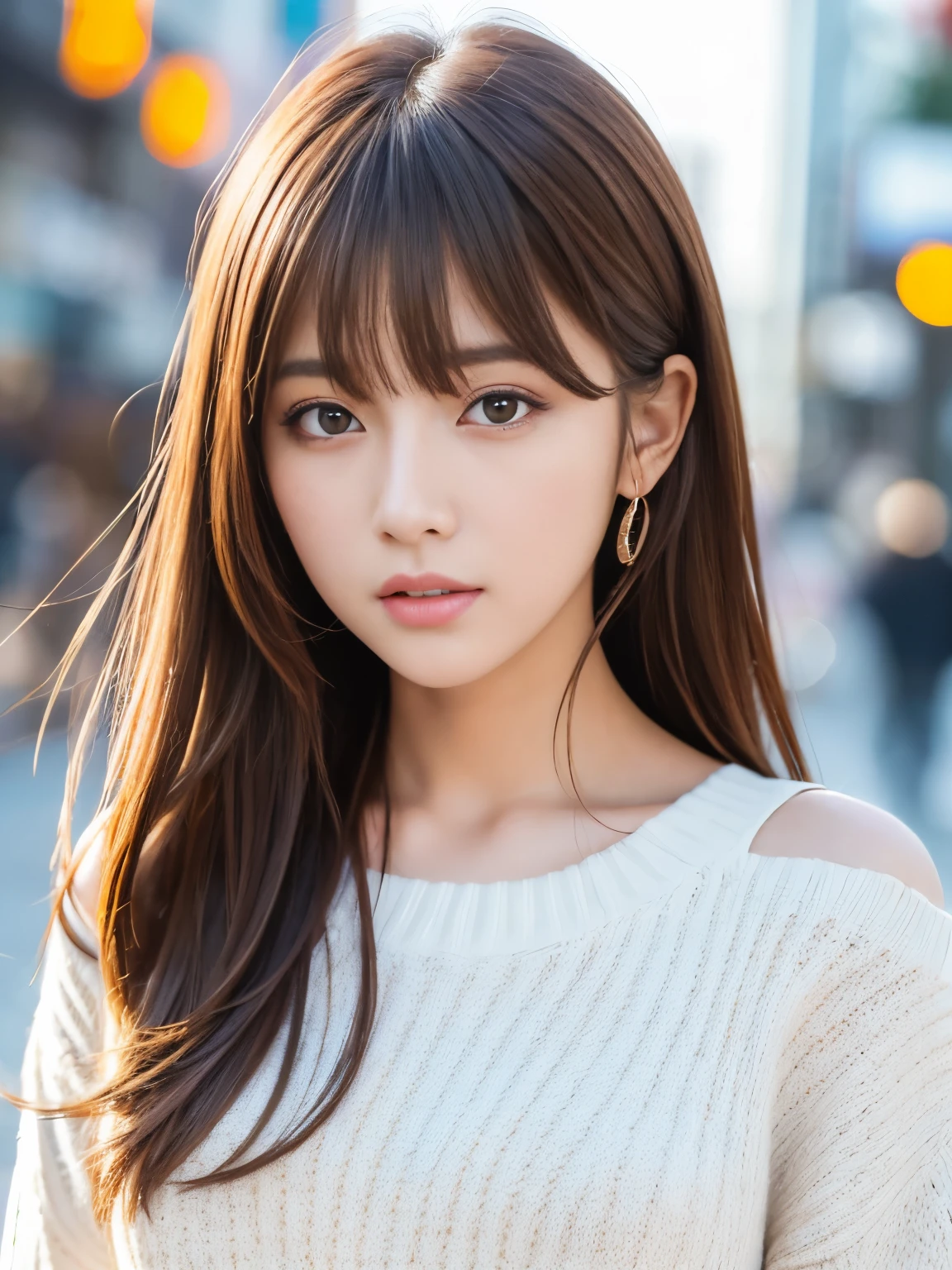 Ultra High Definition, Superior Quality, Premier Quality, ultra detailed, Photorealistic, 8k, RAW Photos, highest quality, masterpiece, Attractive girl, Stunning girl, Brown Hair, Shoulder Length Layered, asymmetrical bangs, K-pop Idol, Sophisticated, Stylish, white knit, Shibuya,