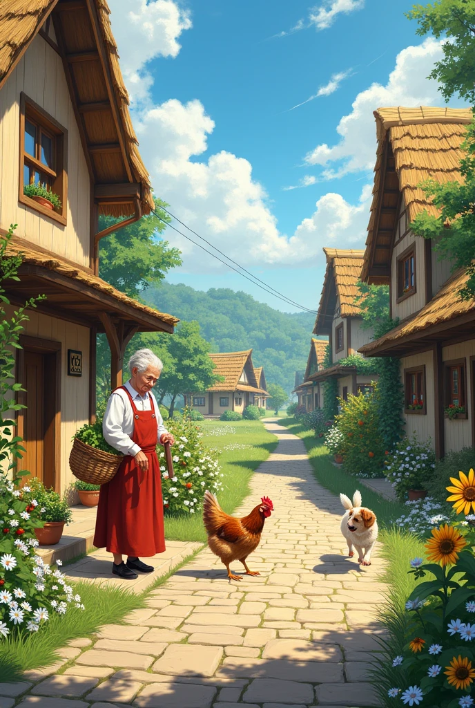 Village Street on a Summer Day
"A quiet village street with wooden cottages under thatched roofs. Along the road, bright sunflowers and daisies are in bloom. In one of the yards, an elderly woman is feeding chickens, while a cheerful puppy plays nearby. The road is paved with stones, and villagers carrying baskets full of fresh vegetables walk along it. The sun shines brightly in the sky, and everything is surrounded by green fields and orchards full of fruit trees."