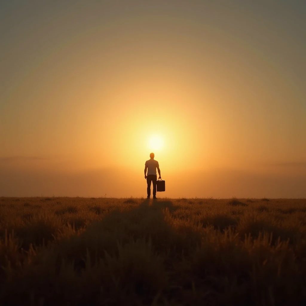 A vast field, with the sun setting far away in the center of the image. Only with its outline in the image, Against the light, there is a man standing holding a suitcase, He's too far away 