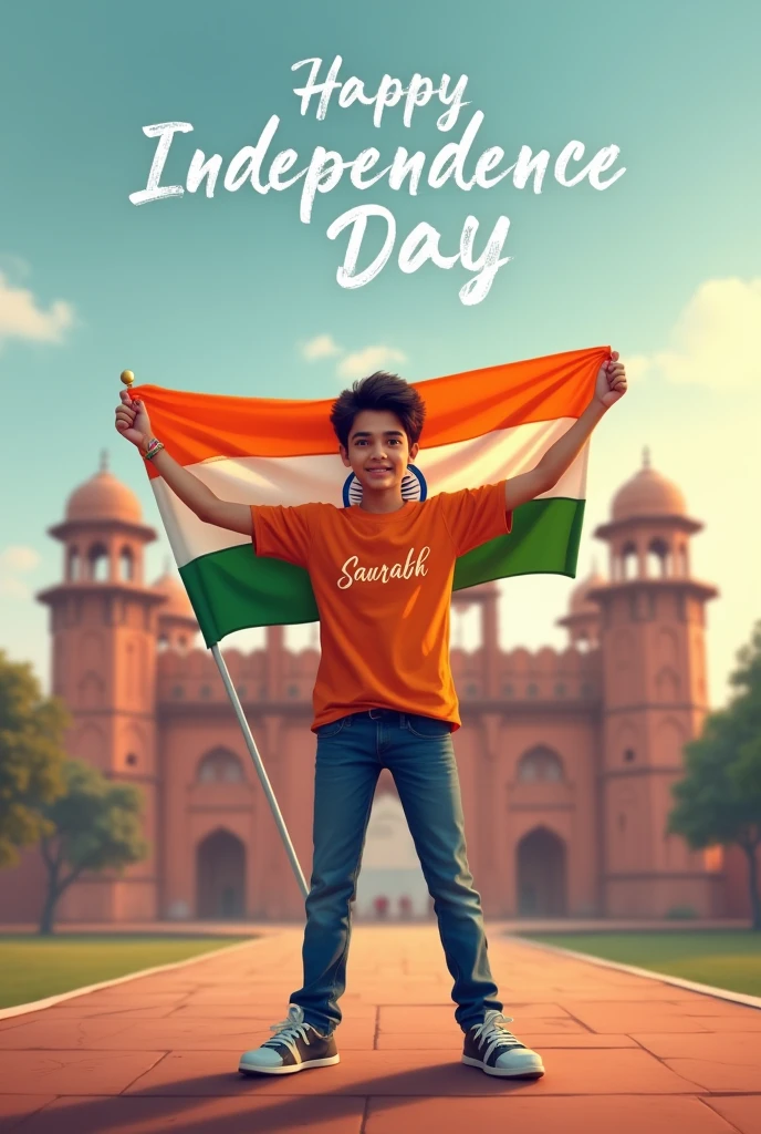 A real 20 years old boy, Wearing Orange T shirt blue jeans sneakers and the name “SAURABH PATEL” is written on his t-shirt and the boy is standing on the road with holding a national flag of India, and behind him is the Red Fort Delhi. And written on sky “Independence Day” Create Realistic image high quality