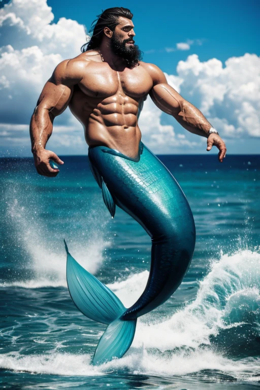 Two muscle male mermaid, wrestling, fight, wrestling, merman, muscles, two male bodybuilders, back, holding, blue mermaid tails, black long beard, black long hair, jumping from sea, ocean, big water wave, water, wallpaper