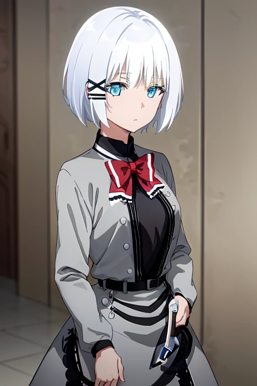 masterpiece, best quality, high quality, highres, official art, explicit, extremely detailed, ultra detailed, absurdres, very aesthetic, perfect composition, (POV), (siesta, blue eyes, short hair, white hair, hairclip, x hair ornament, bangs, red bowtie, black shirt, grey jacket, grey dress, black skirt, black belt, frills, black pantyhose)