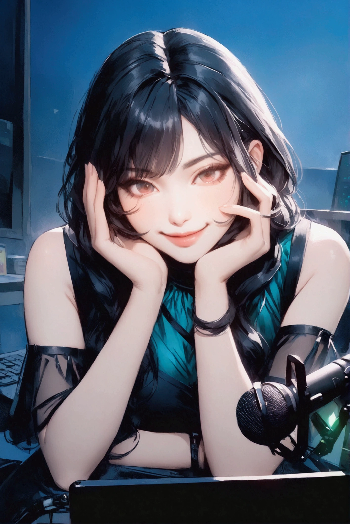 A woman sitting at a desk with a laptop and microphone, sitting in front of a microphone, Twitch streamer, Twitch streamer/gamer Ludwig, giving an interview, accurate portrait, taking control while smiling, H3H3, with a happy expression, accurate representation, in front of a computer, trending art, Shutterstock, studio shot, very expressive, realistic anime, drawn,