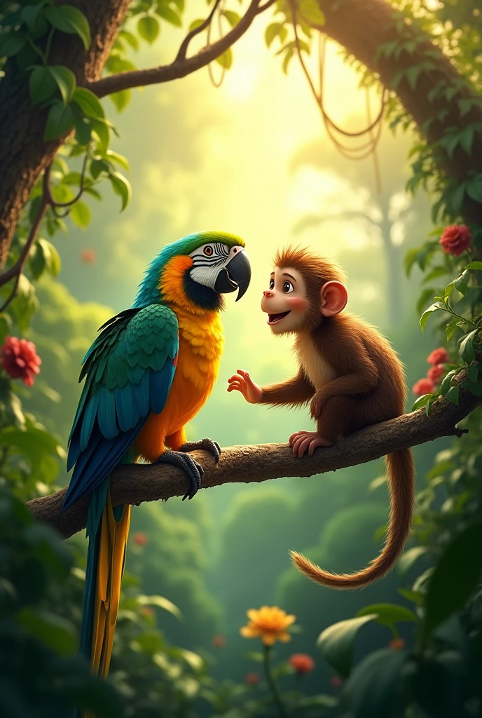 A parrot interacting with a friendly monkey in a dense rainforest.