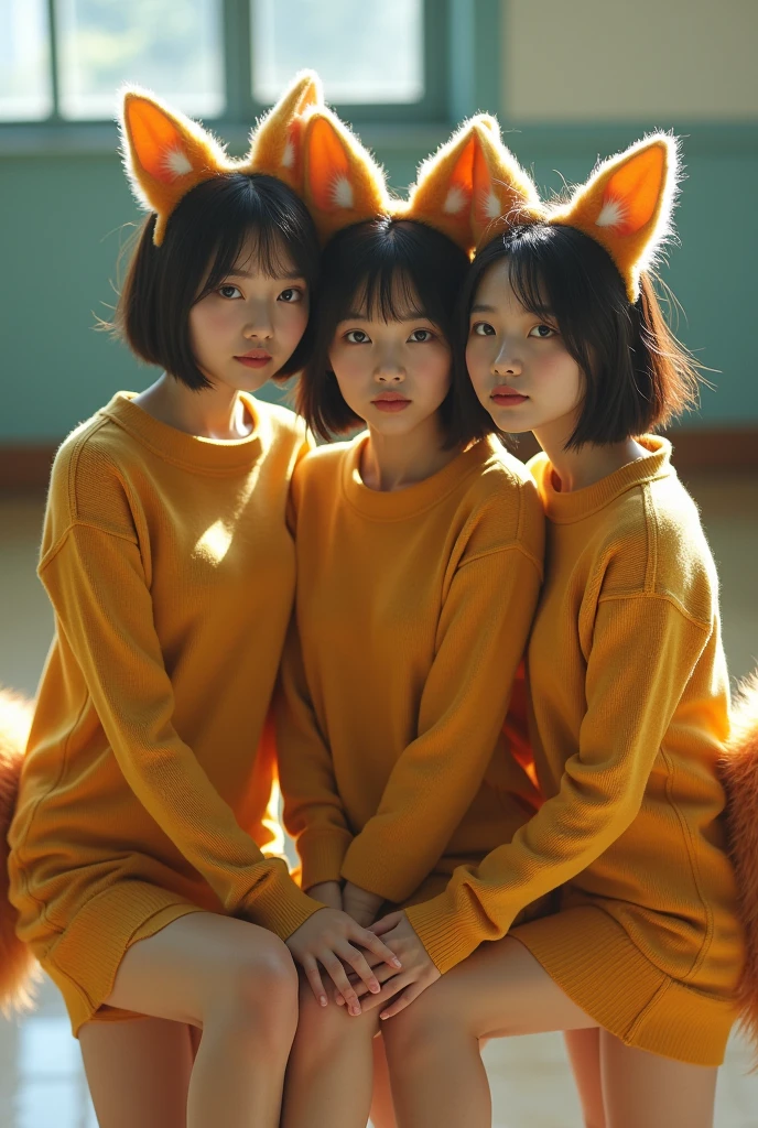 Three Japanese women with short hair、She is wearing a short, high-necked mustard-colored sweater, mustard-colored tights, and fox ears.、Posing as a fox on the school stage、Romantic atmosphere、A full-body photo