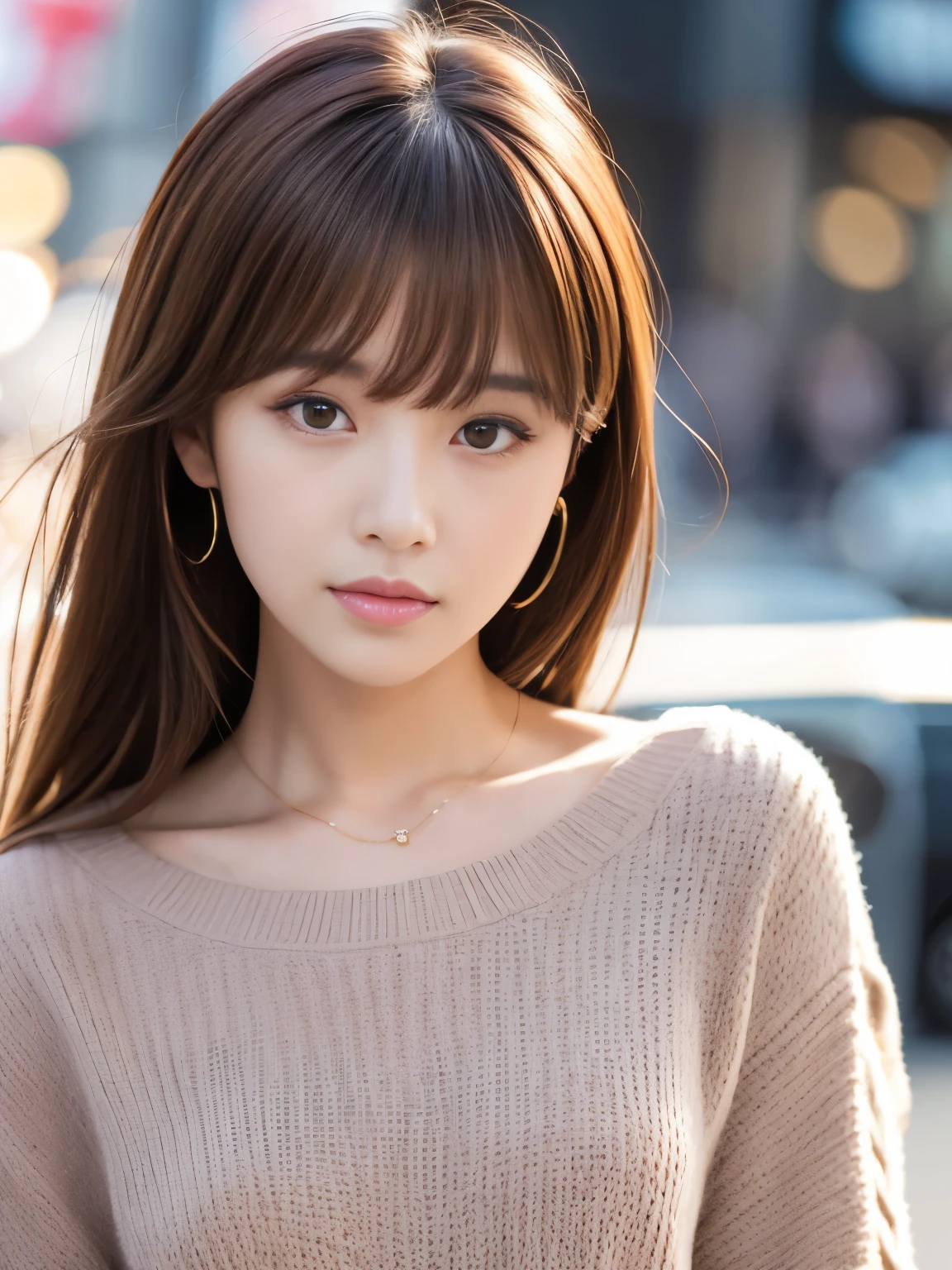 Ultra High Definition, Superior Quality, Premier Quality, ultra detailed, Photorealistic, 8k, RAW Photos, highest quality, masterpiece, Attractive girl, Stunning girl, Brown Hair, Shoulder Length Layered, asymmetrical bangs, K-pop Idol, Sophisticated, Stylish, white knit, Shibuya, 