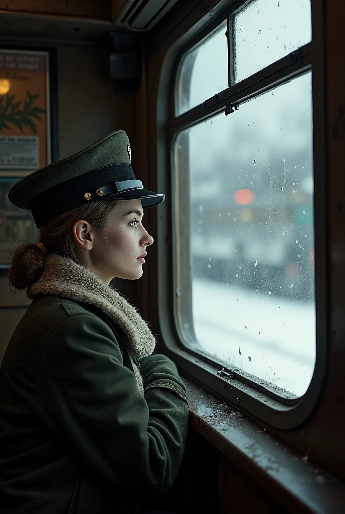 masterpiece, best quality,Soviet female soldiers,Steam locomotive interior,Lie on the window,Look out the car window,World War II,TRAIN STATION,About to travel,dimly lit scene,Dim Lights,Snow outside the window