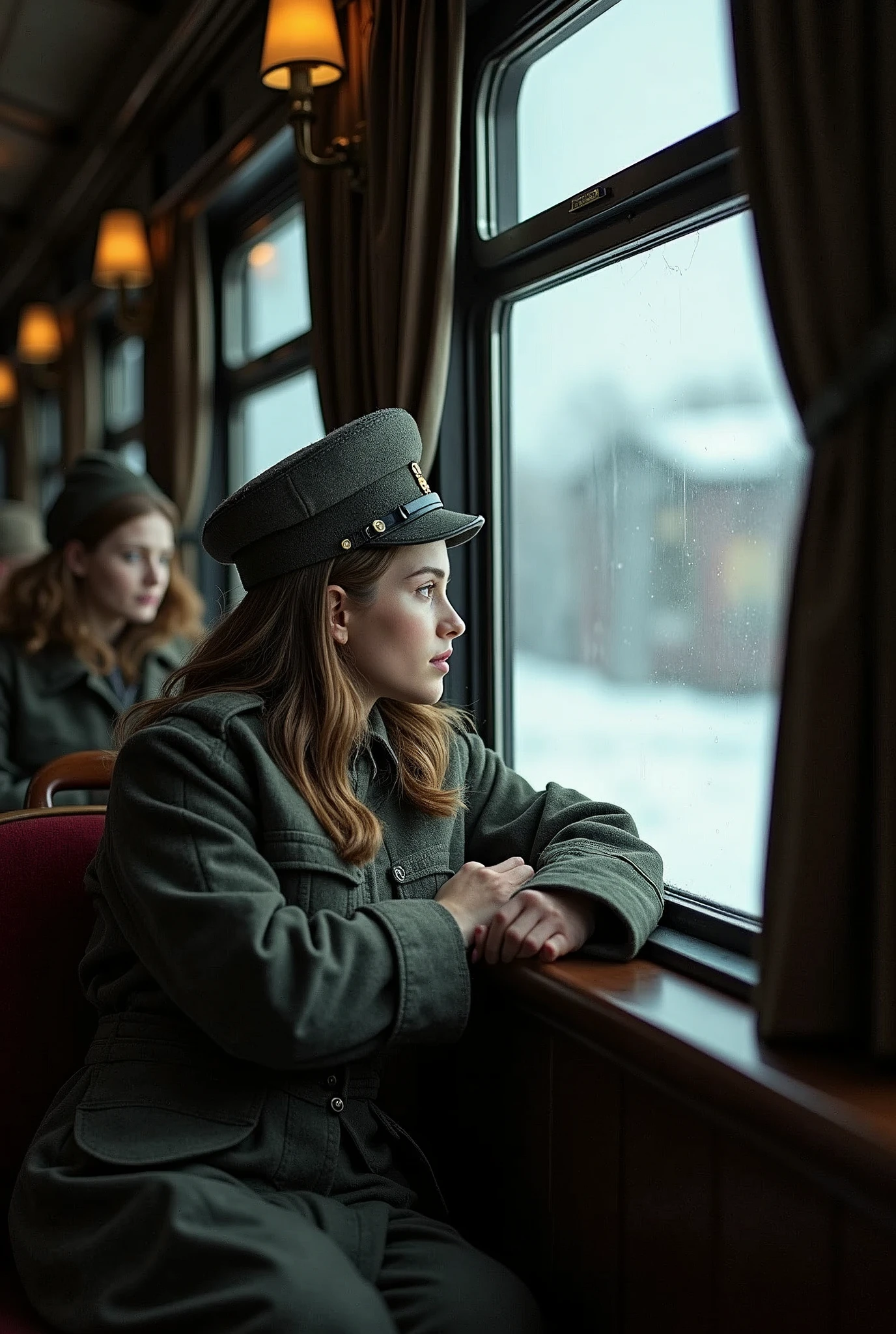 masterpiece, best quality,Soviet female soldiers，Steam locomotive interior，Lie on the window，Look out the car window，World War II，TRAIN STATION，About to travel，dimly lit scene，Dim Lights，Snow outside the window