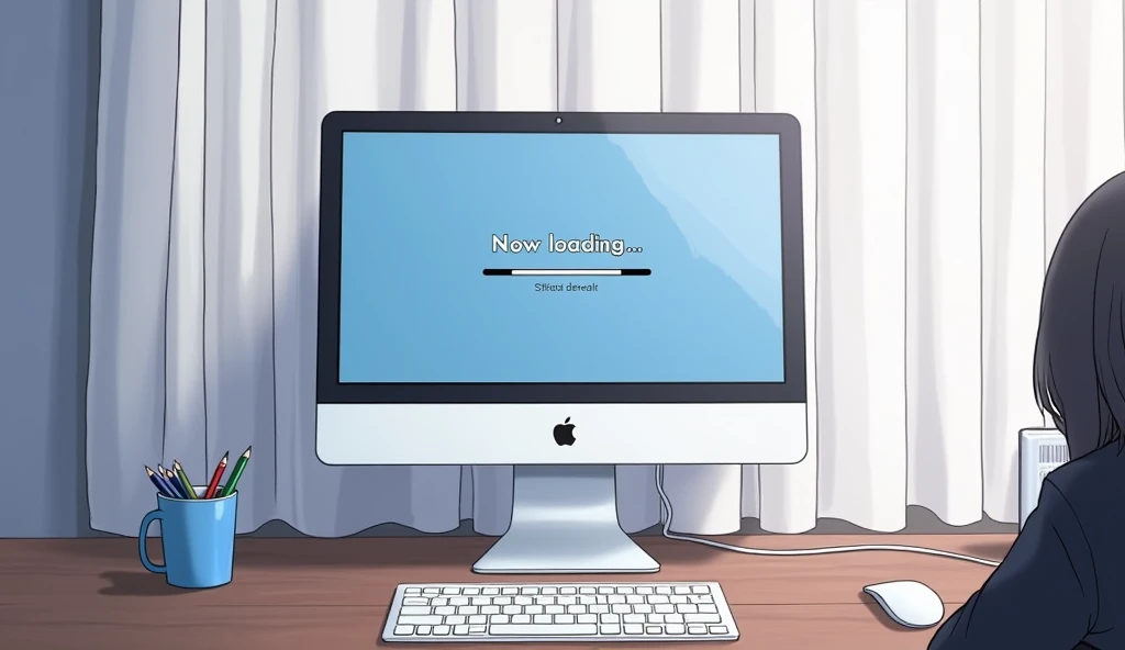 Diagonal cut,Wide Mac-style computer monitor,A closed white curtain behind the monitor,「Now loading...」Character,Loading bar,Loading screen,At the bottom right corner, click「UP LOAD」button, mouse pointer,Anime Style, Shooting from an oblique angle,High resolution,