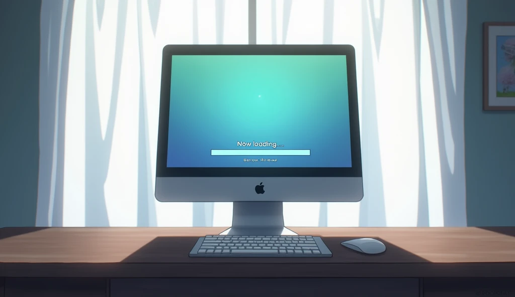 Diagonal cut,Wide Mac-style computer monitor,A closed white curtain behind the monitor,「Now loading...」Character,Loading bar,Loading screen,At the bottom right corner, click「UP LOAD」button, mouse pointer,Anime Style, Shooting from an oblique angle,High resolution, 