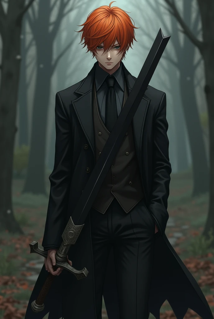Orange hair, wearing a pitch black funeral outfit、A handsome male high school student with a large sword