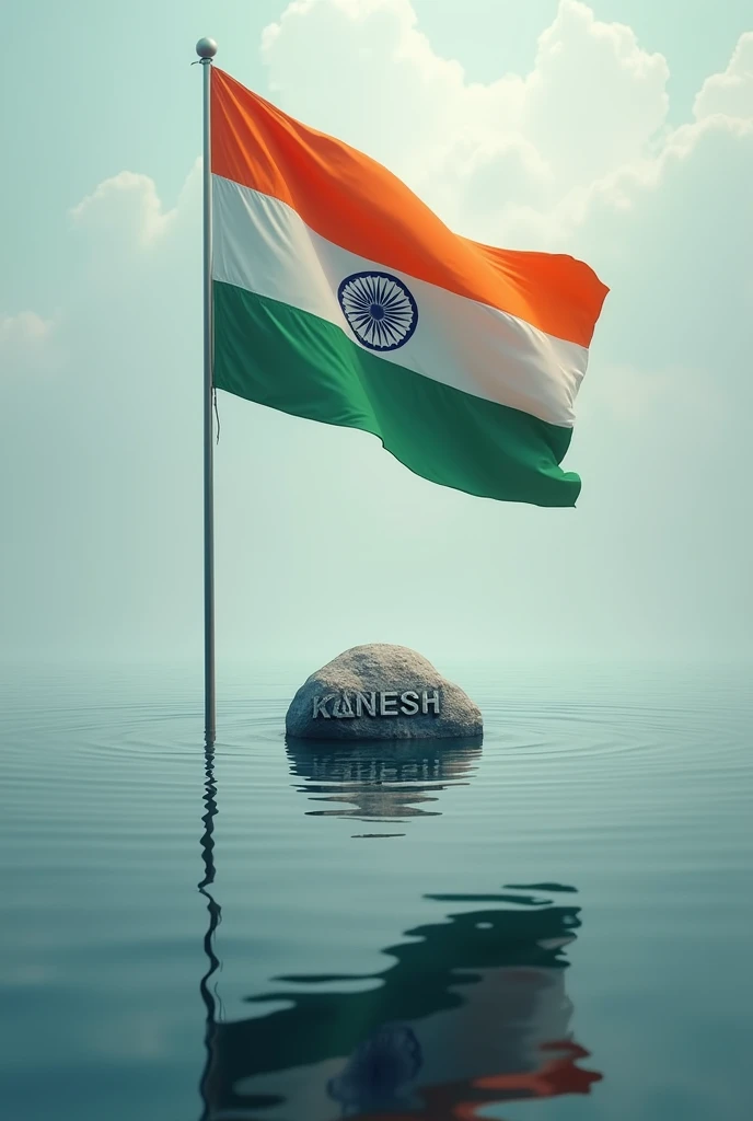 Generate a image of a indian flag at stone in the middle of water and write a name "Kanesh" at stone