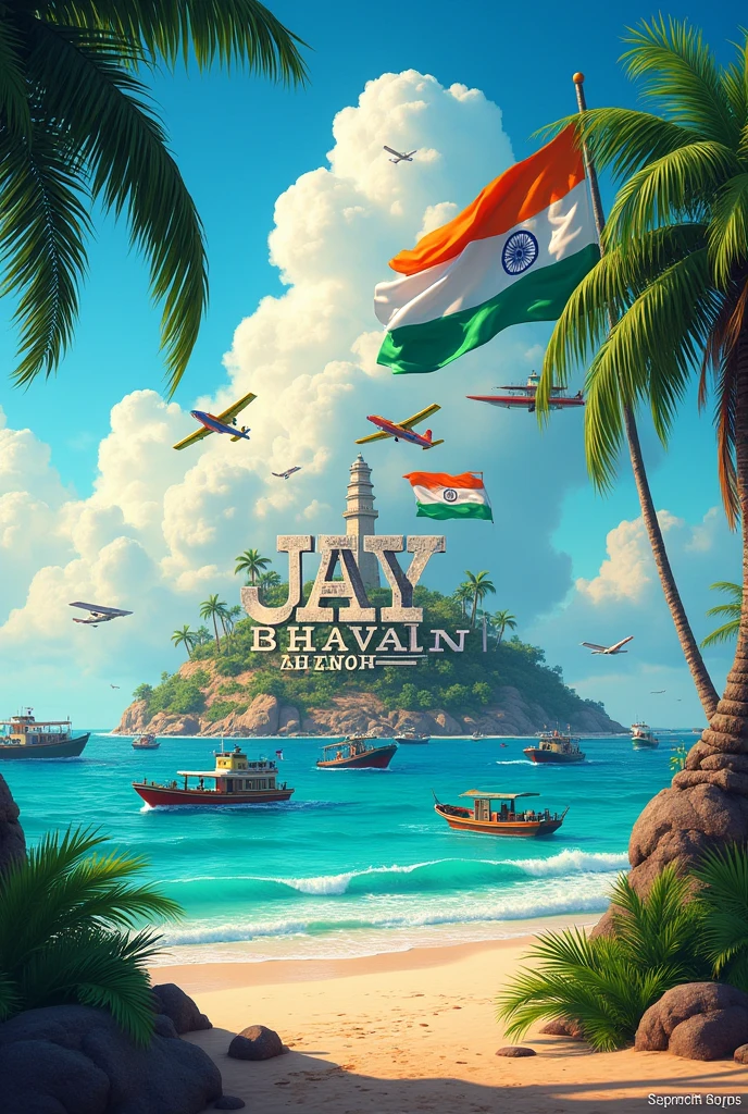 A tropical island with the name "Jay Bhavani Press" written on a large sign, an Indian flag waving in the foreground, and various boats and aircraft in the background against a colorful sky 